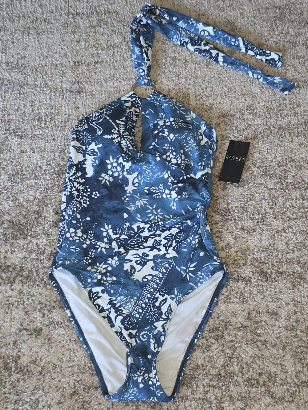 NWT Ralph Lauren Ring Halter Tie Neck Ruched One Piece Blue Bathing Suit Sz 6